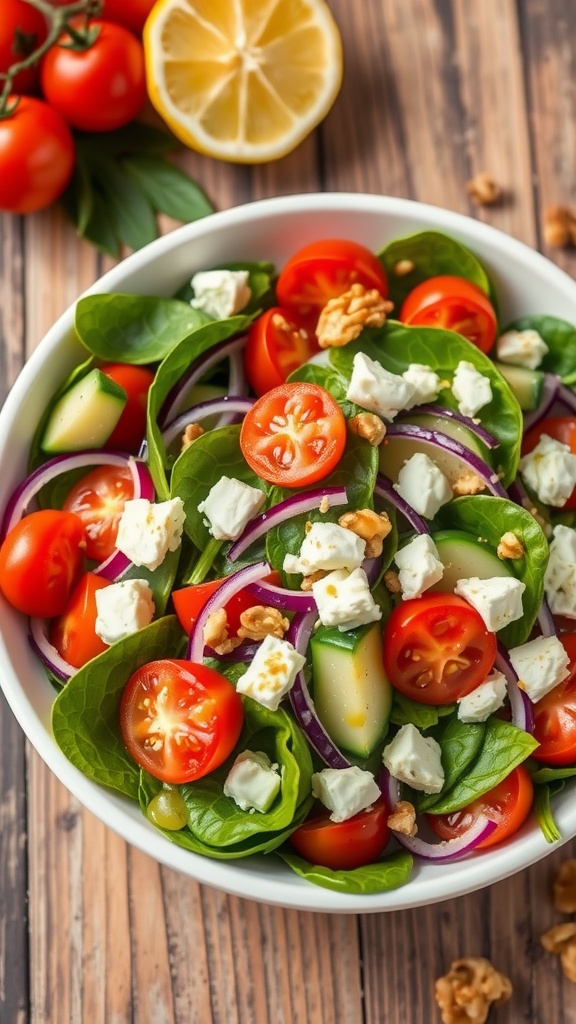 Fresh spinach salad with tomatoes, onions, cucumber, feta, and walnuts on a wooden table.